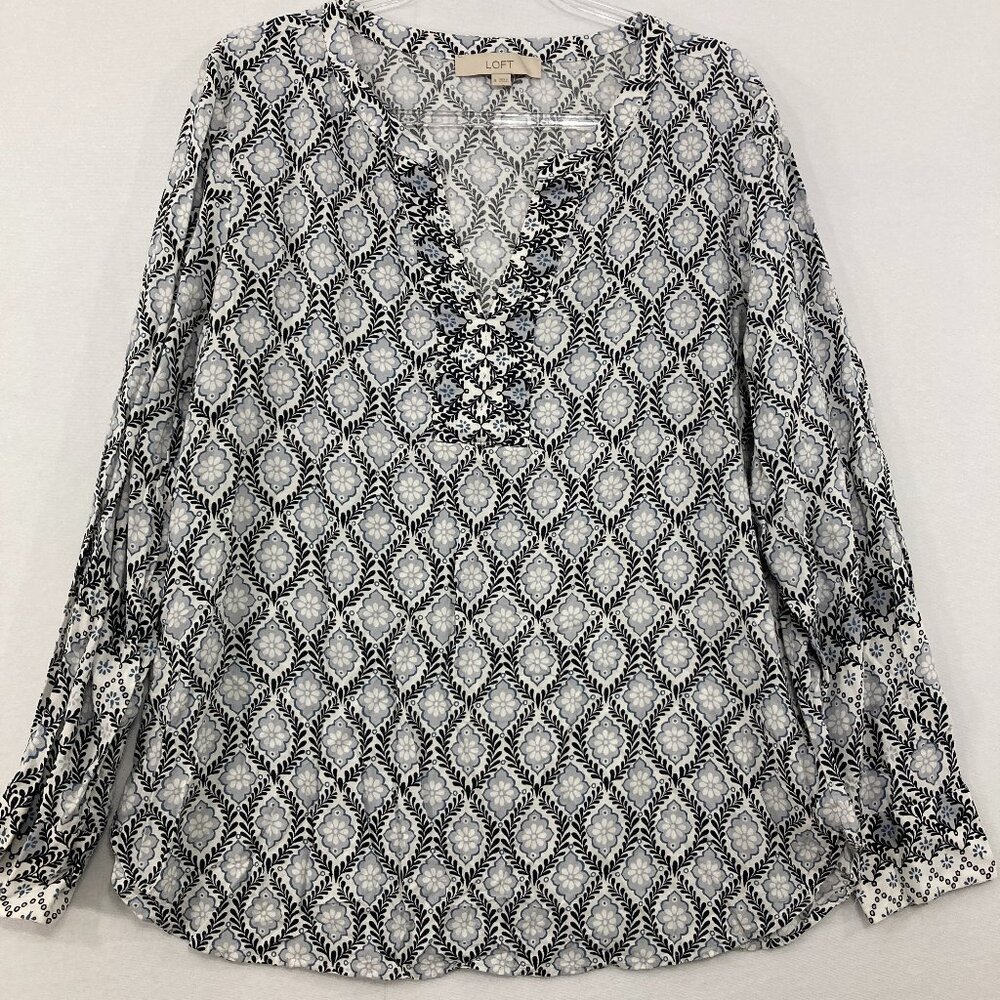 LOFT size XL Black Gray Geometric Split Neck‎ Long Sleeve Popover Blouse Office